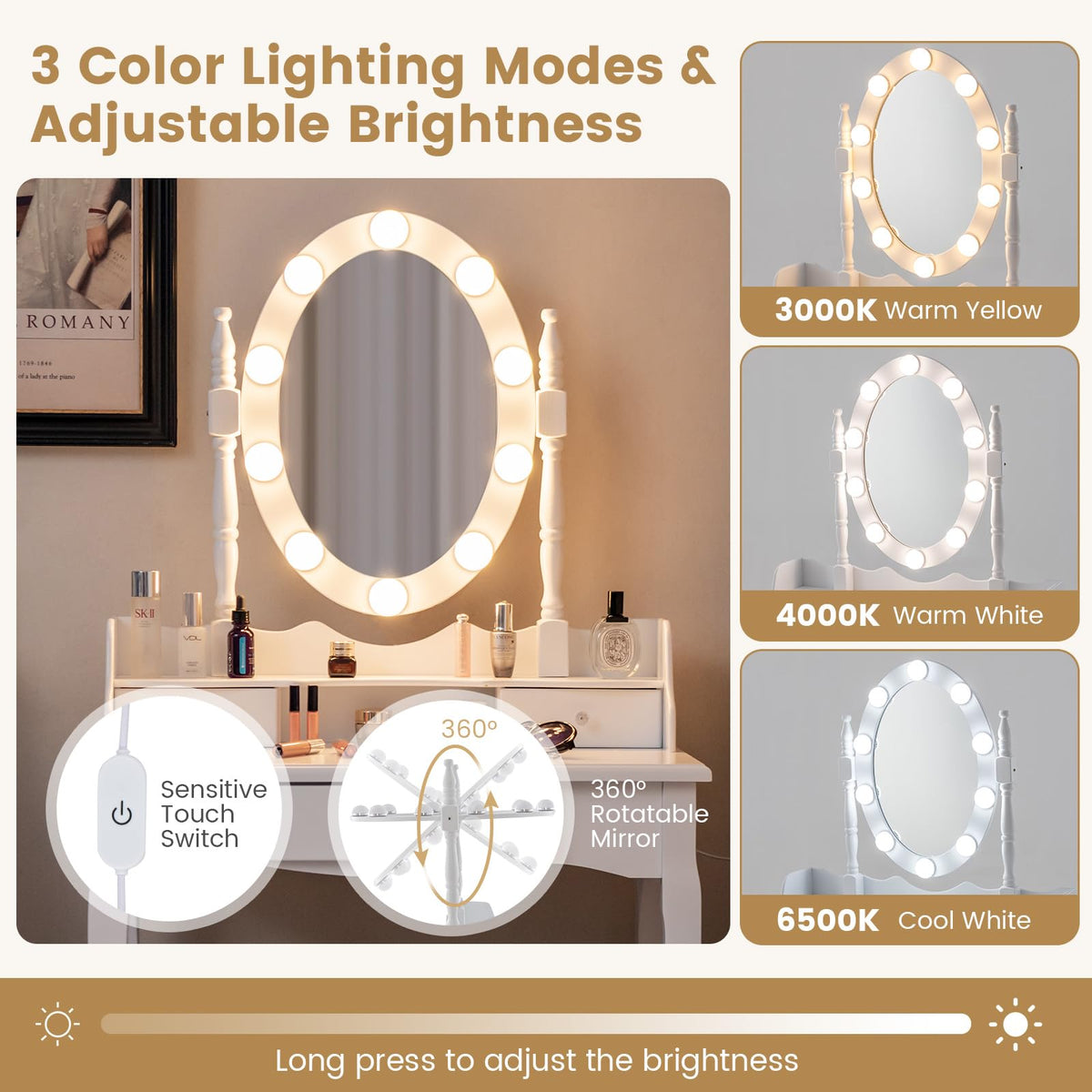 White Makeup Vanity Desk with Lighted Mirror and Stool H382467