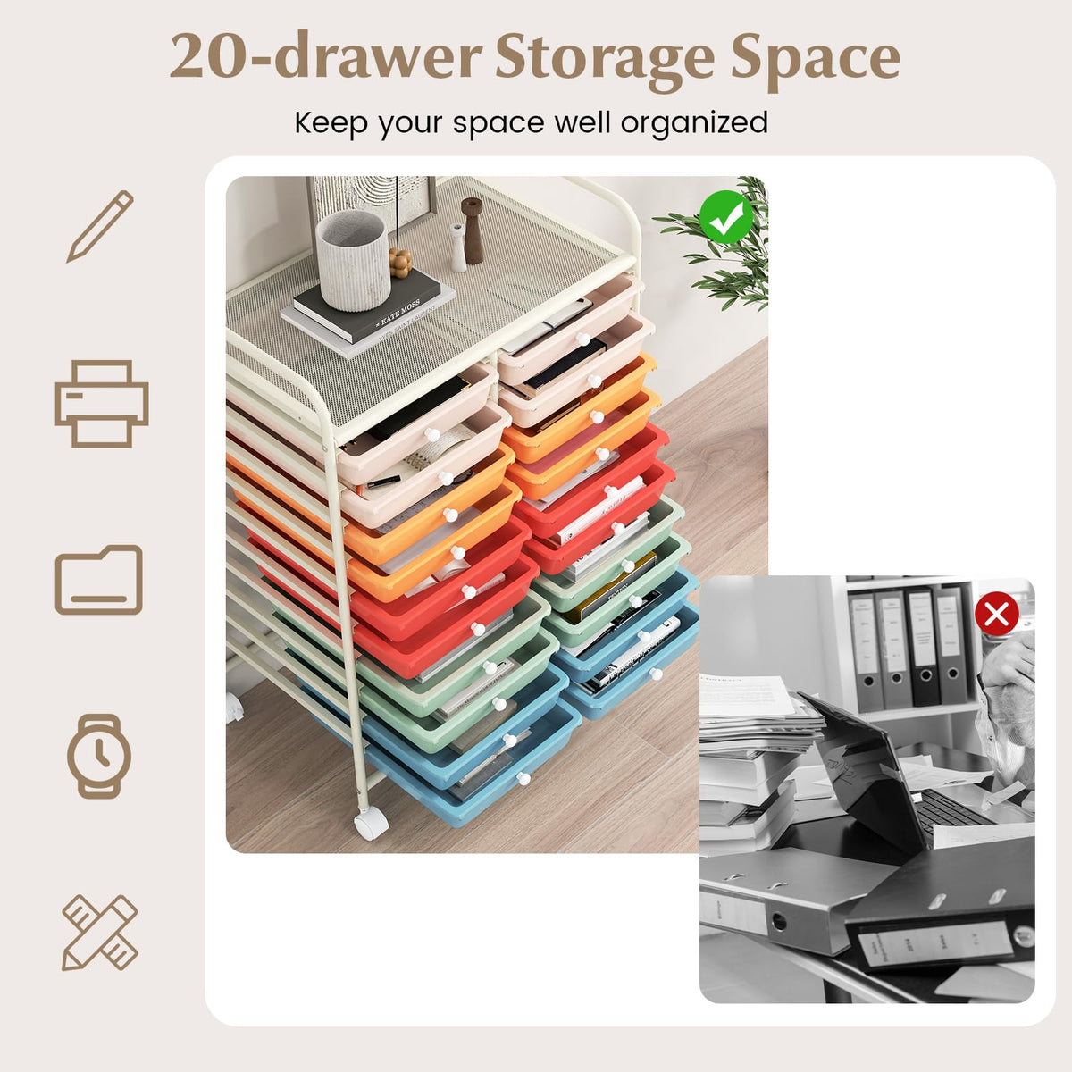 20 Drawer Rolling Storage Cart with Lockable Wheels S201513
