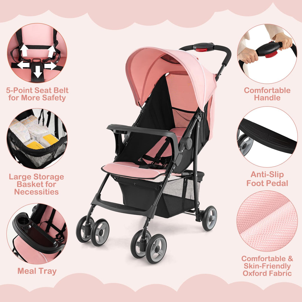 Lightweight Compact Fold Stroller with Canopy & Storage Basket, Pink C912