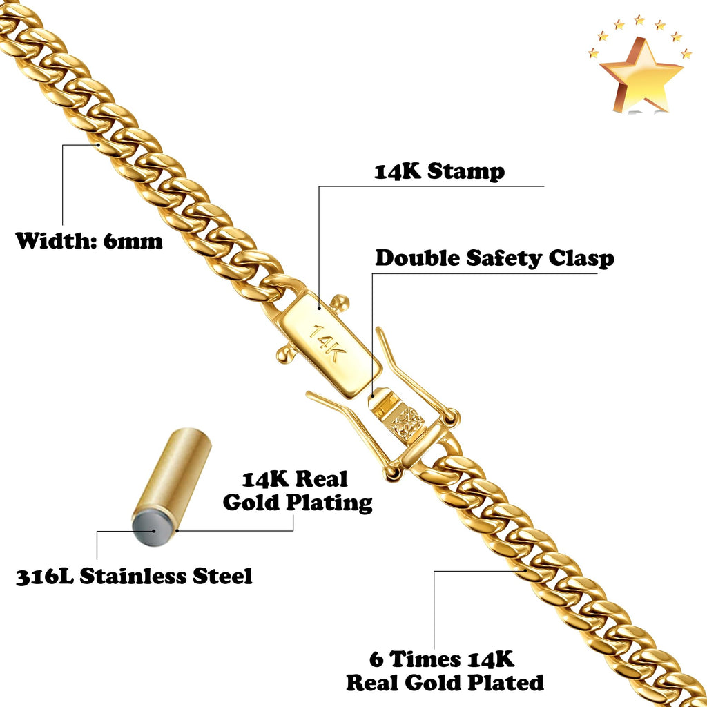 3mm 6mm Cuban Link Chain 14K Gold Plated Stainless Steel Necklace V1541