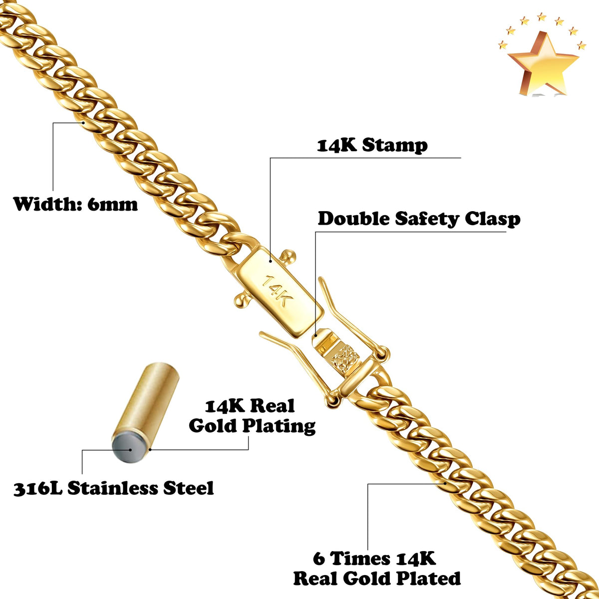 3mm 6mm Cuban Link Chain 14K Gold Plated Stainless Steel Necklace V1541