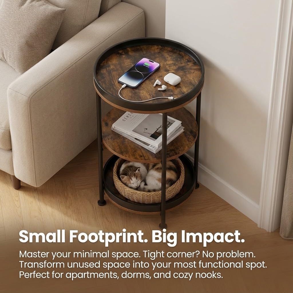 Round Side Table with 3 Storage Shelves Q308