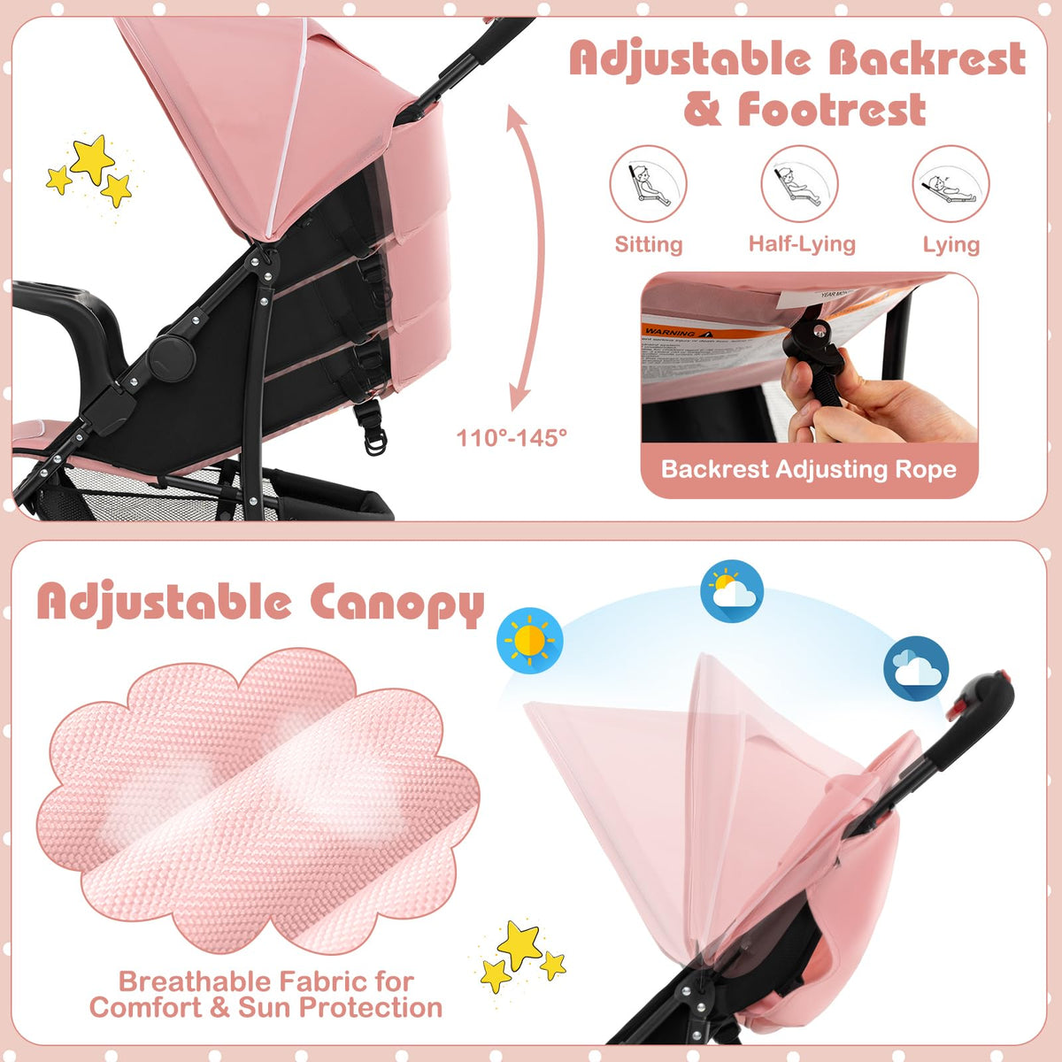 Lightweight Compact Fold Stroller with Canopy & Storage Basket, Pink C912