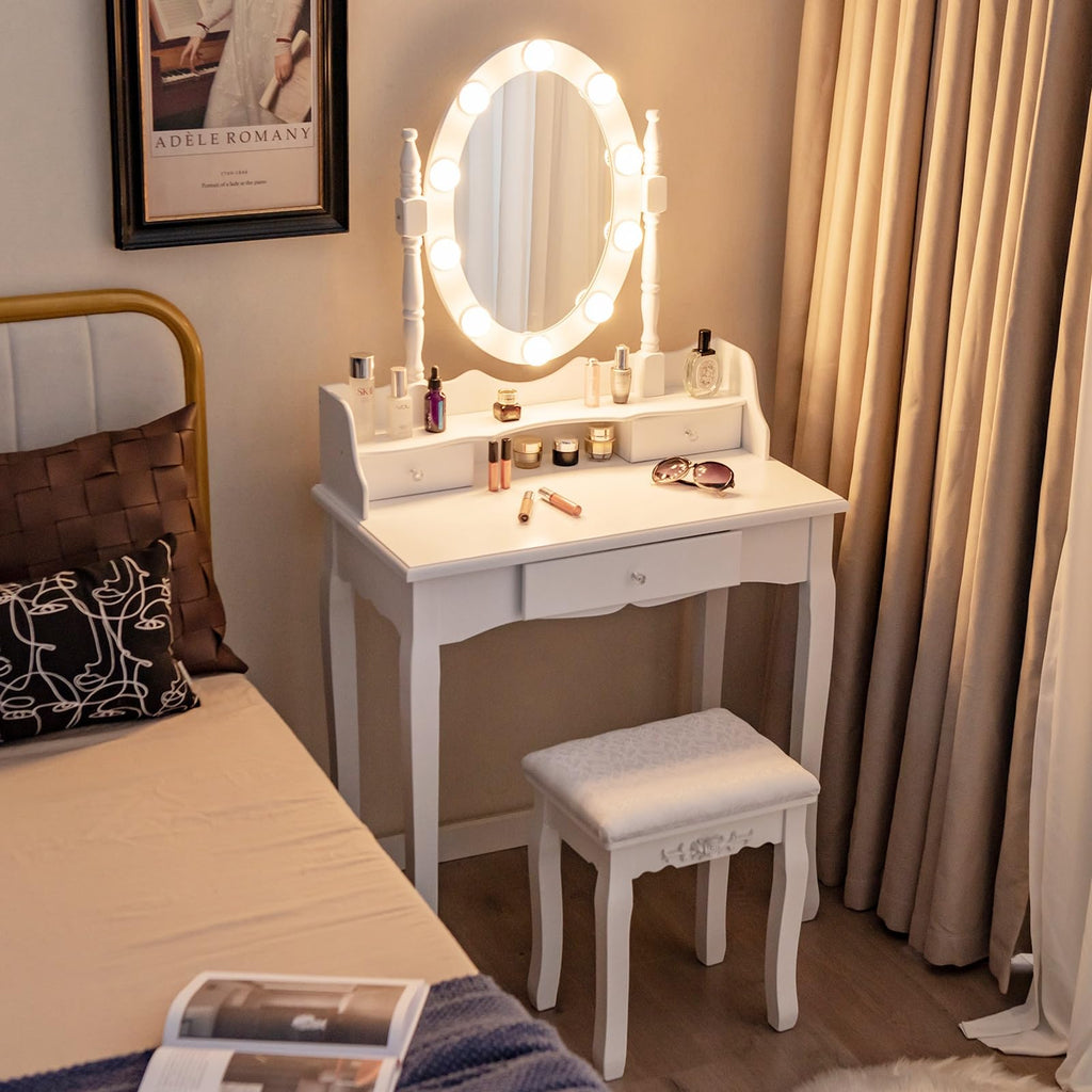 White Makeup Vanity Desk with Lighted Mirror and Stool H382467