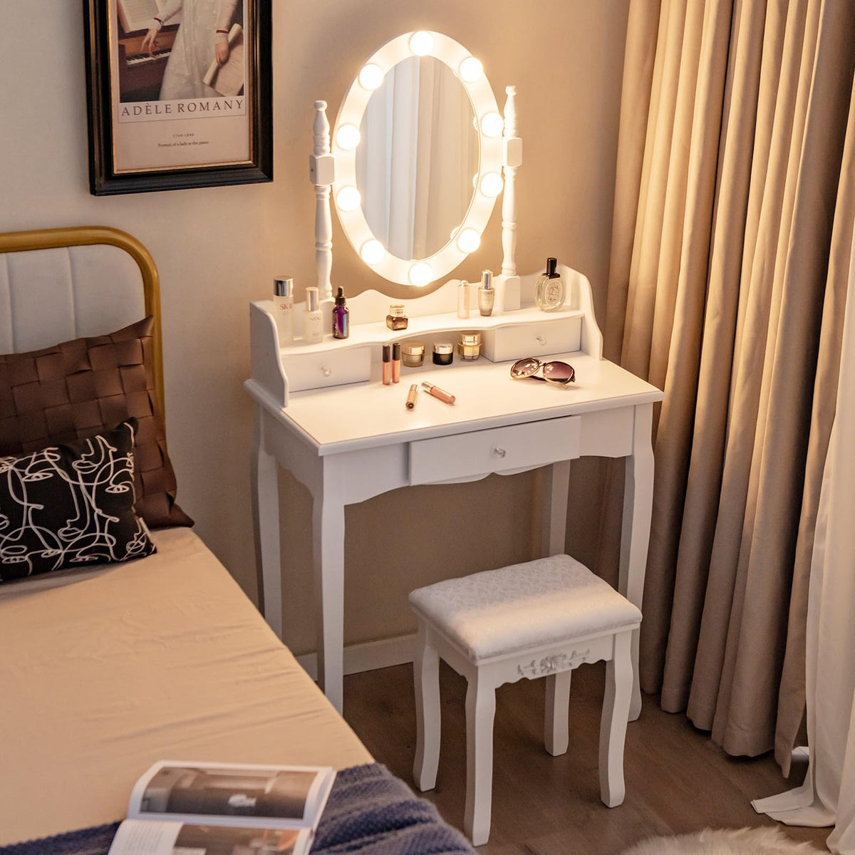 White Makeup Vanity Desk with Lighted Mirror and Stool H382467