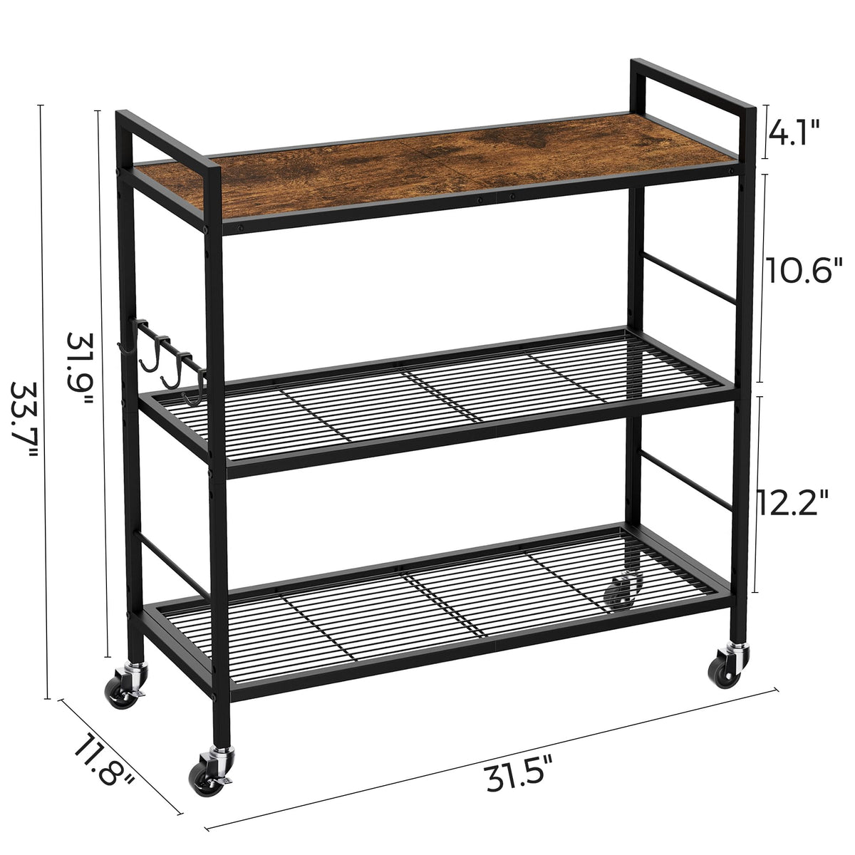 3-Tier Metal Storage Rack with Wheels, Mesh Shelving Unit, Black C1002