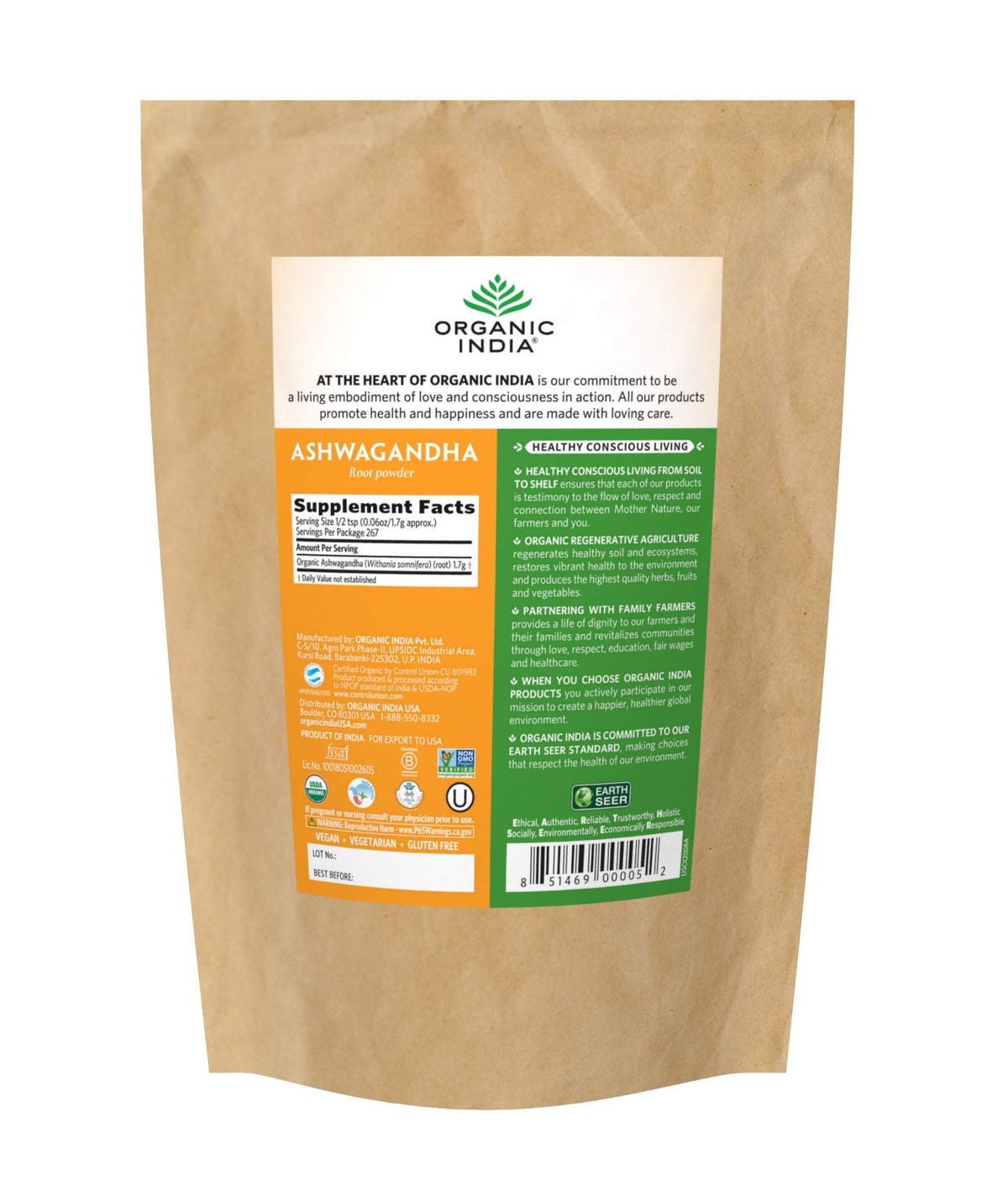 Organic Ashwagandha Powder Herbal Supplement 1lb Bag Y59540