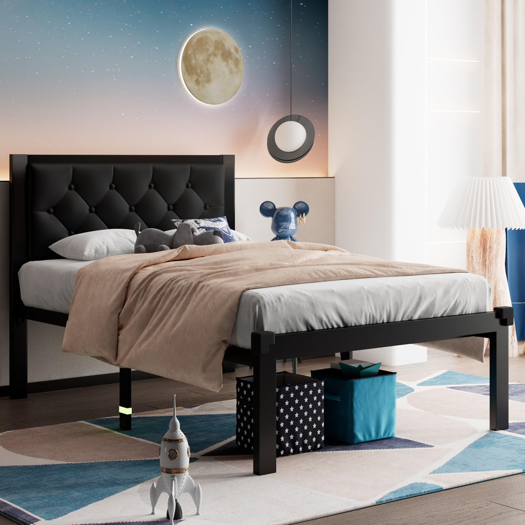 Twin Size Black Metal Platform Bed Frame with Faux Leather Tufted Headboard F1608