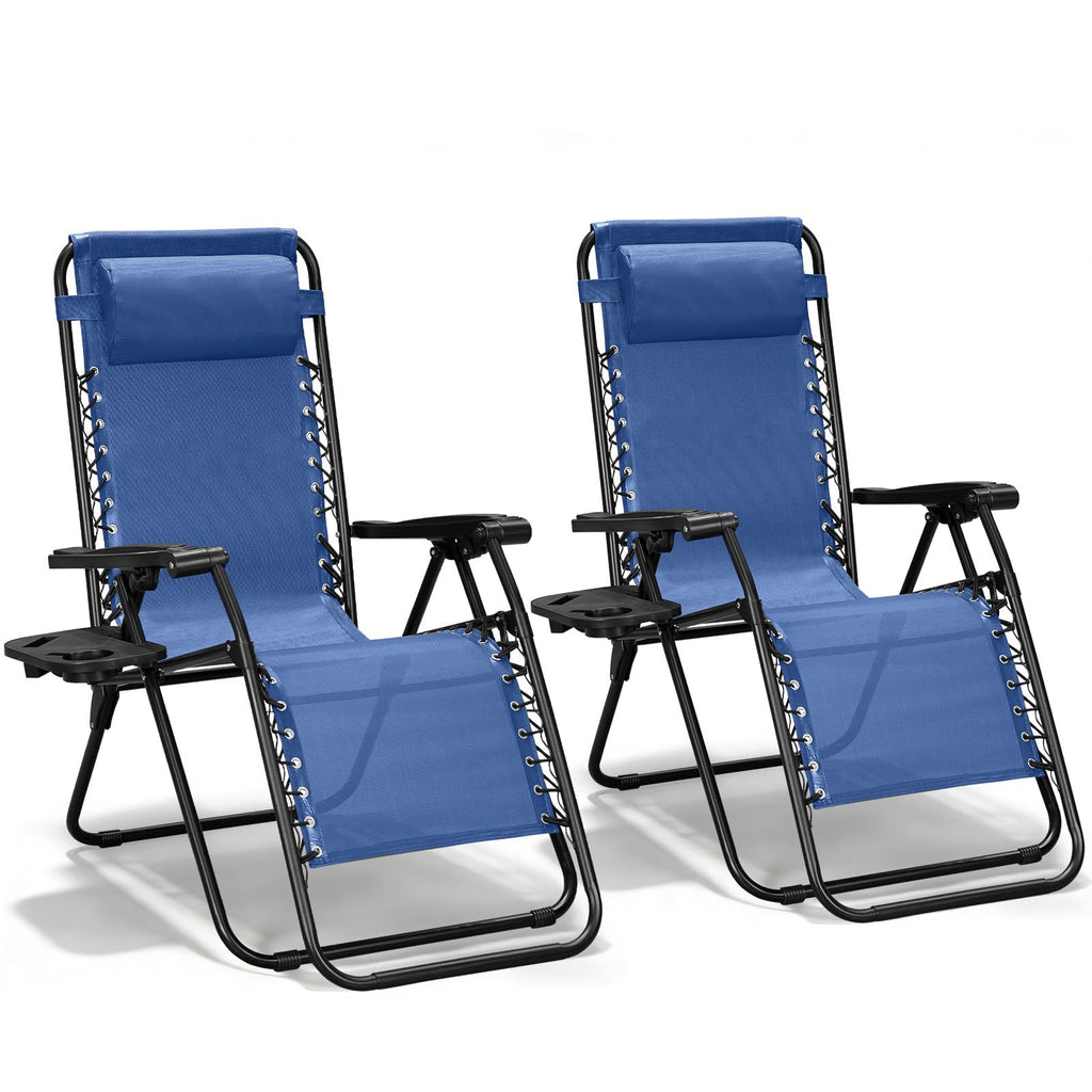 Blue Set of 2 Zero Gravity Lounge Chair with Pillow & Cup Holder C17378