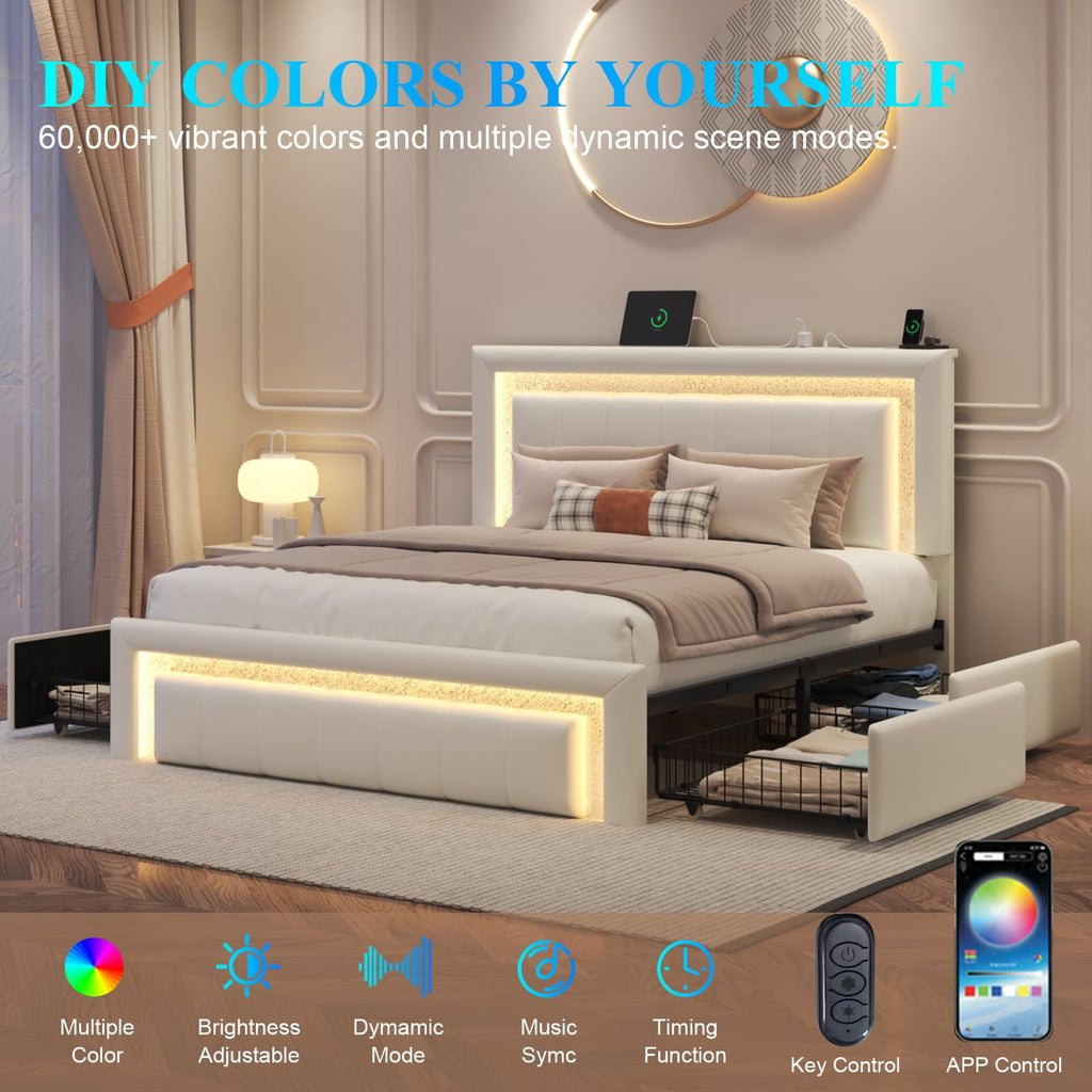 White Upholstered Full Bed Frame with Storage Drawers X3119