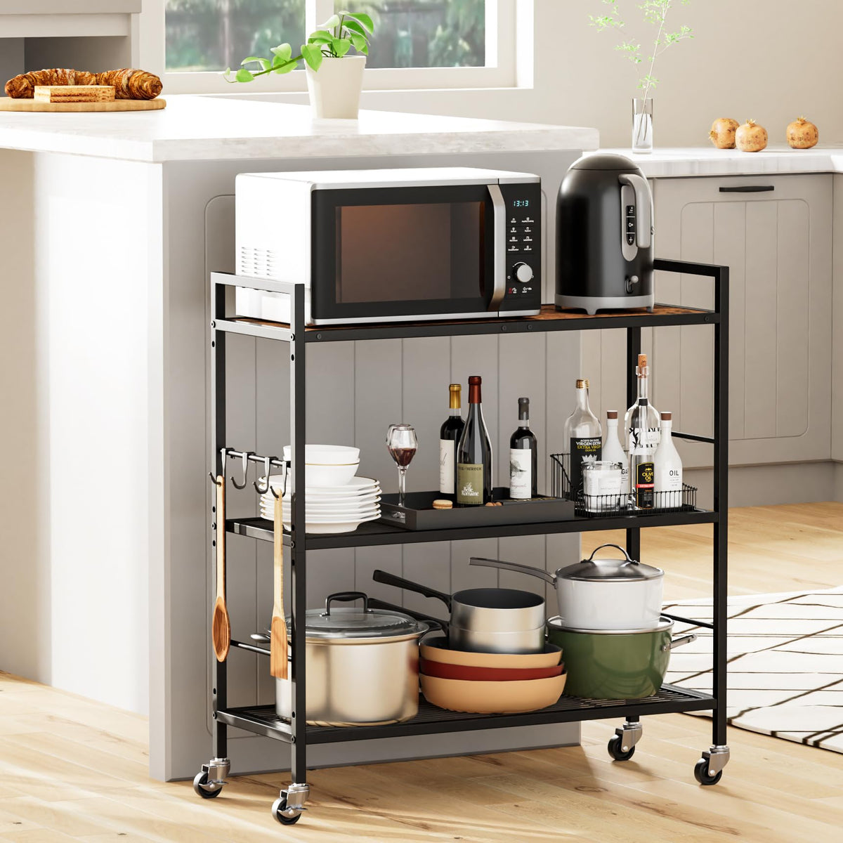 3-Tier Metal Storage Rack with Wheels, Mesh Shelving Unit, Black C1002