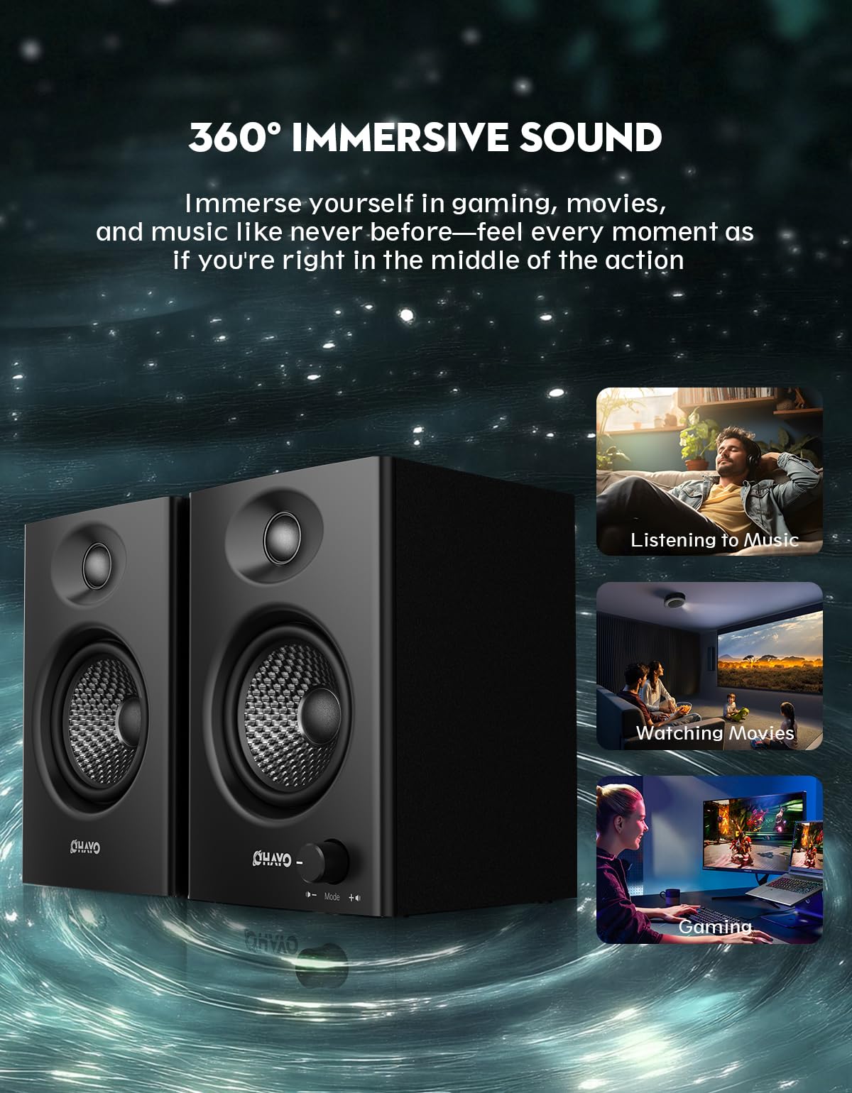 60W Bluetooth 5.3 Stereo 2.0 Computer Speakers 1 Pair Black F9018