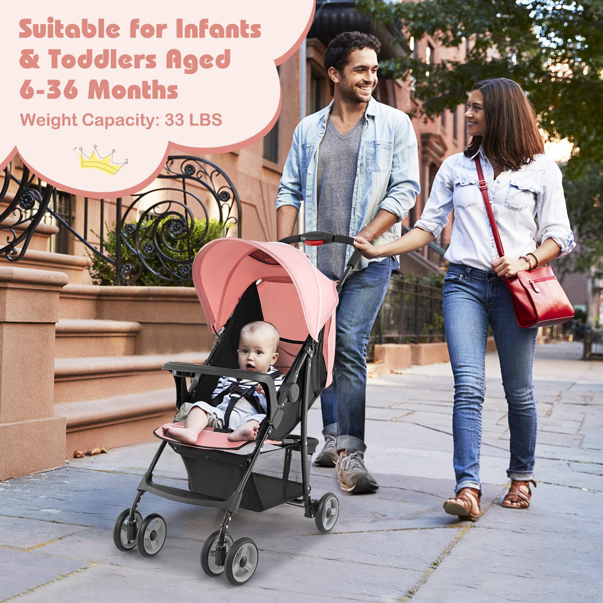 Lightweight Compact Fold Stroller with Canopy & Storage Basket, Pink C912