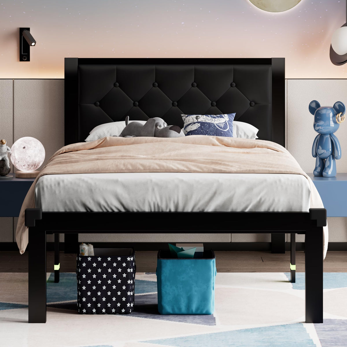 Twin Size Black Metal Platform Bed Frame with Faux Leather Tufted Headboard F1608