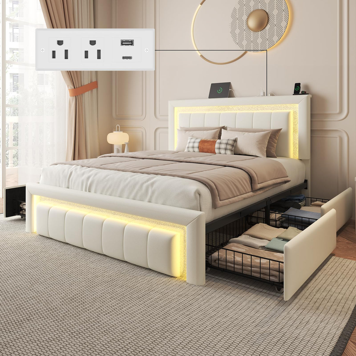 White Upholstered Full Bed Frame with Storage Drawers X3119