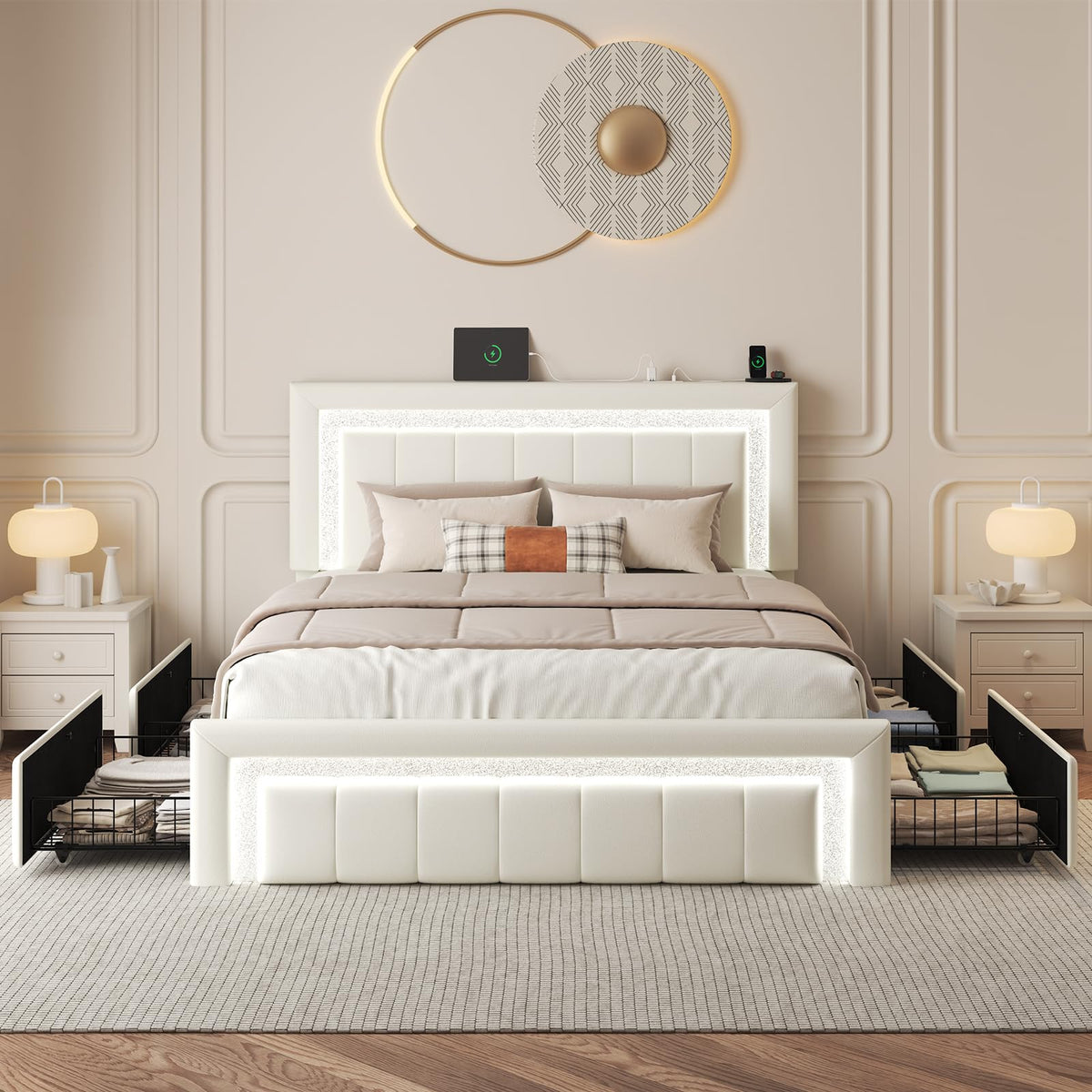 White Upholstered Full Bed Frame with Storage Drawers X3119