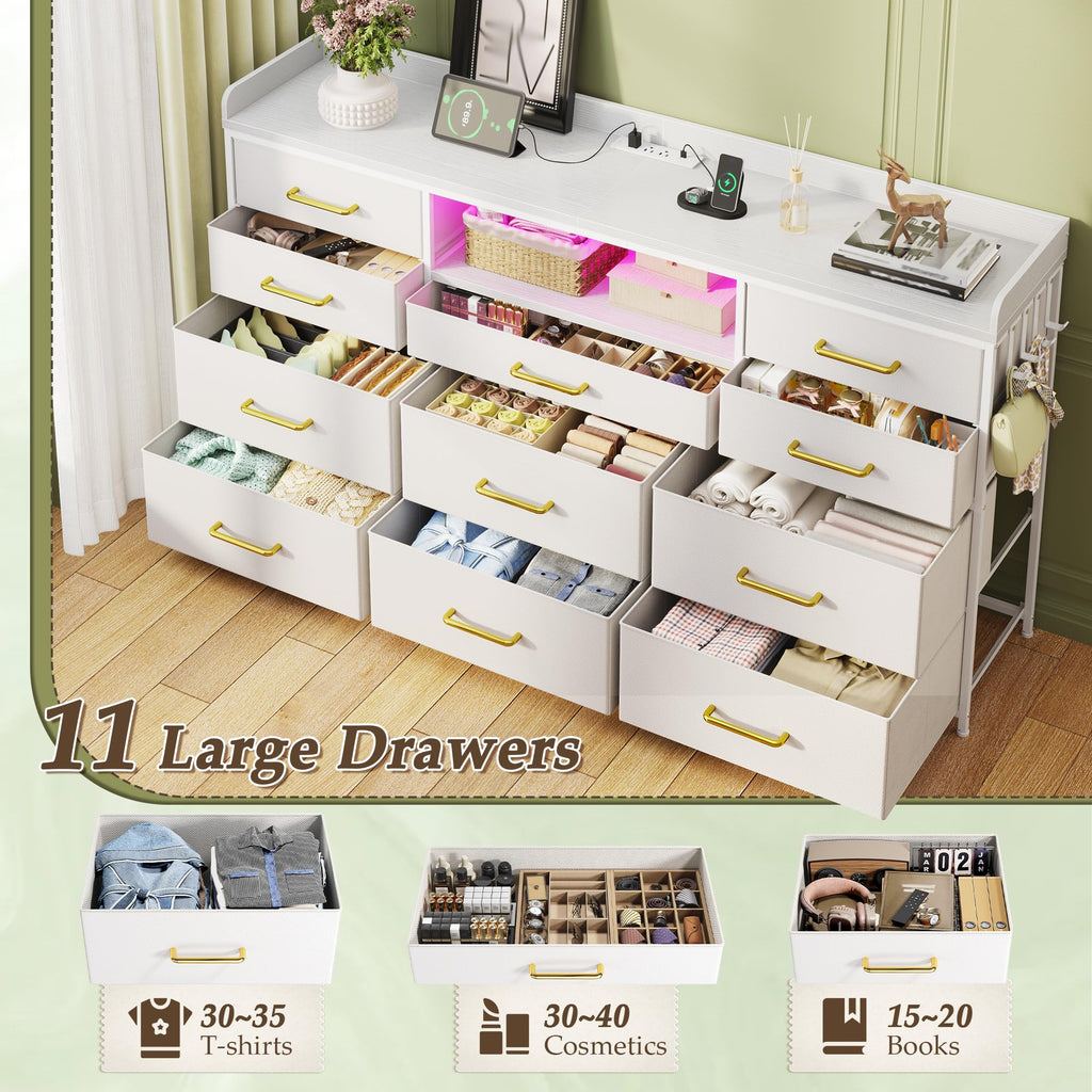 LED Dresser with Charging Station, 11 Drawers & 4 Hooks X931