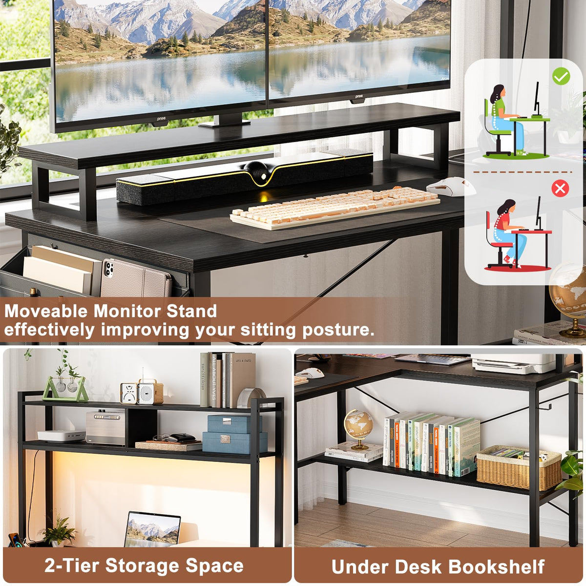 L Shaped Gaming Desk with Power Outlets & LED Lights, Black O592