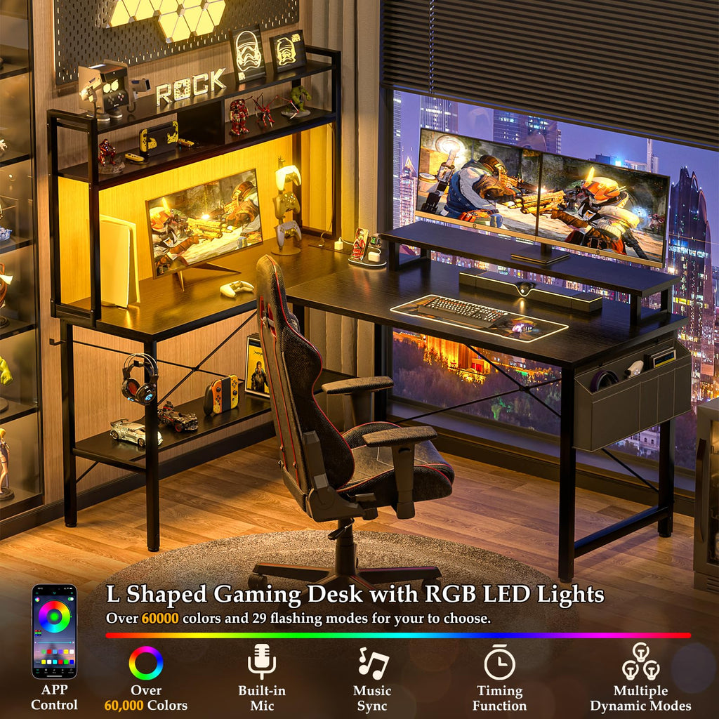 L Shaped Gaming Desk with Power Outlets & LED Lights, Black O592
