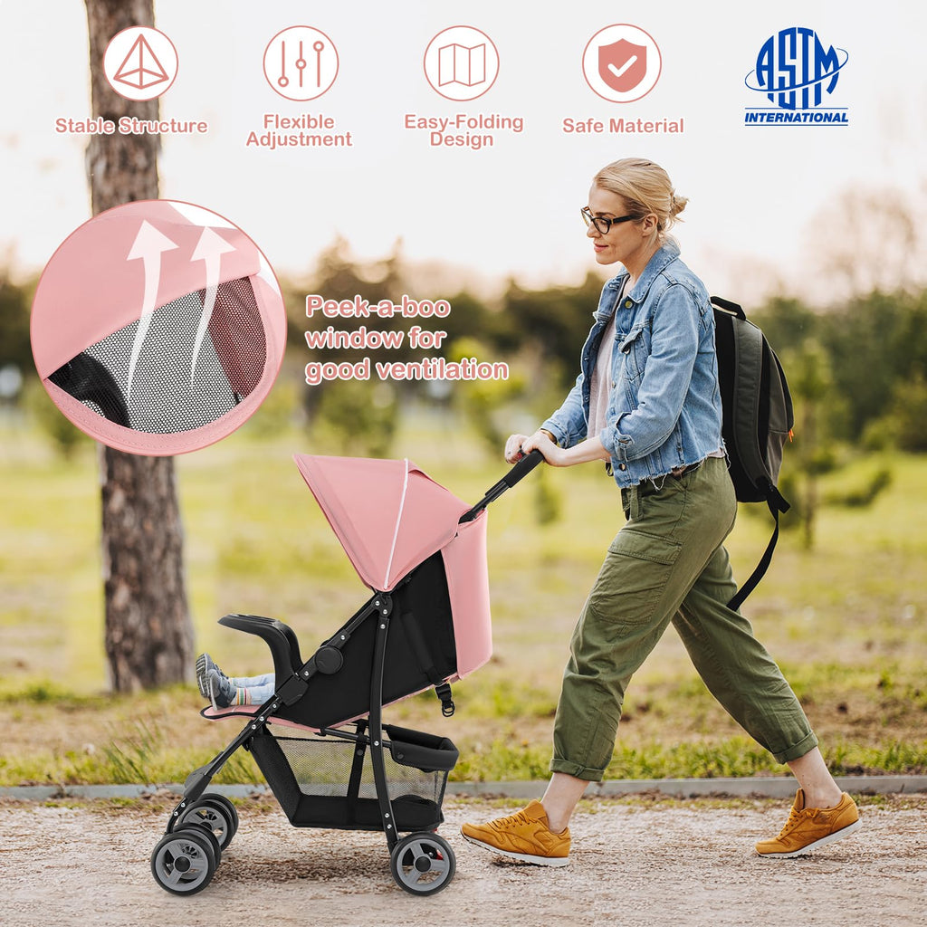 Lightweight Compact Fold Stroller with Canopy & Storage Basket, Pink C912