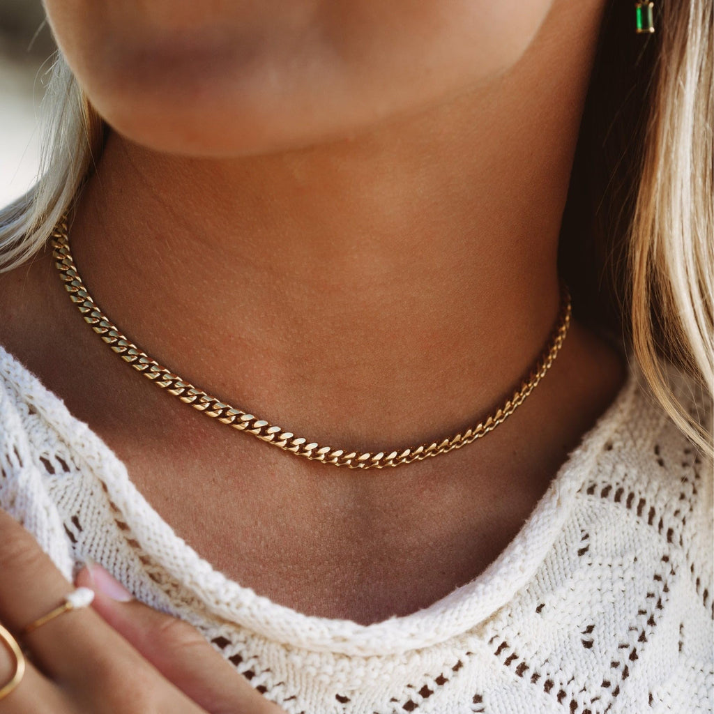 3mm 6mm Cuban Link Chain 14K Gold Plated Stainless Steel Necklace V1541