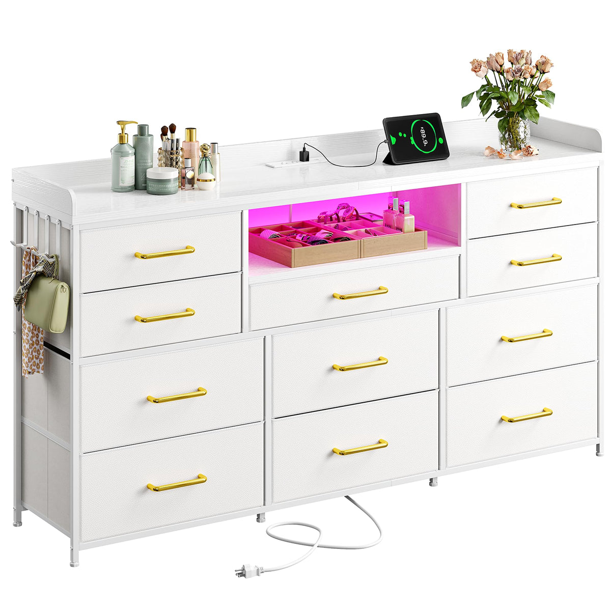 LED Dresser with Charging Station, 11 Drawers & 4 Hooks X931