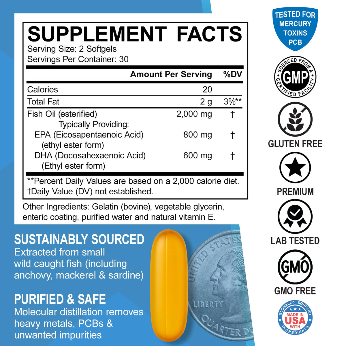 Omega 3 Fish Oil 2000mg EPA DHA 60 Softgels Z1846