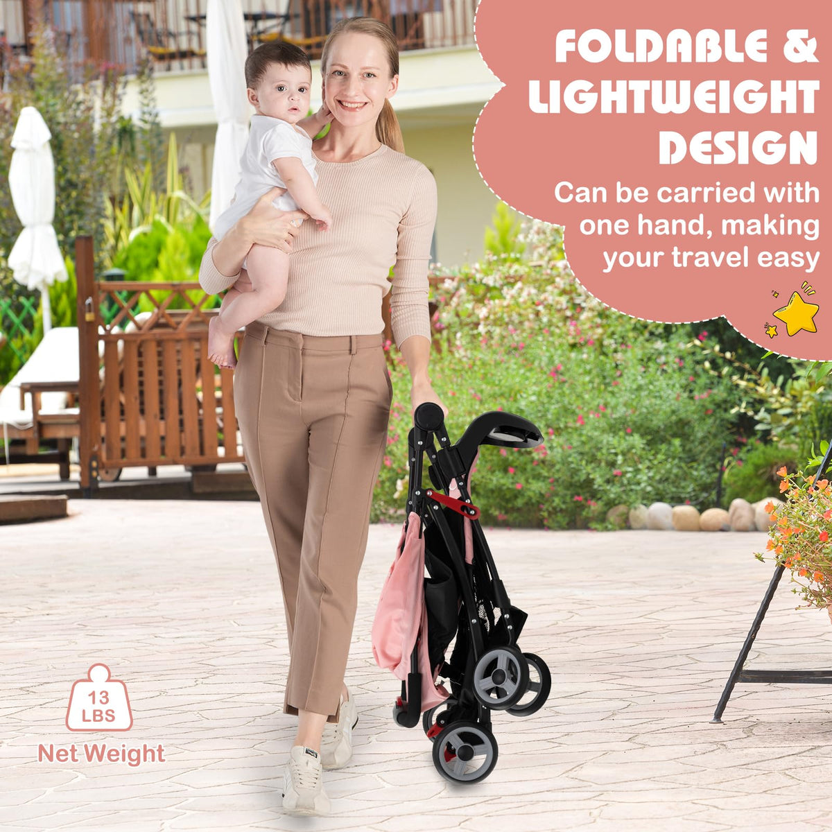 Lightweight Compact Fold Stroller with Canopy & Storage Basket, Pink C912