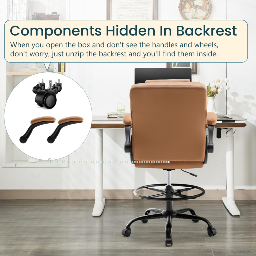 Brown PU Leather Drafting Chair with Flip-up Armrests C69855
