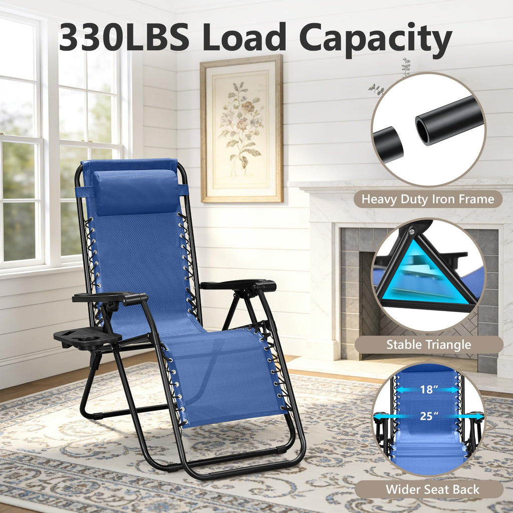 Blue Set of 2 Zero Gravity Lounge Chair with Pillow & Cup Holder C17378