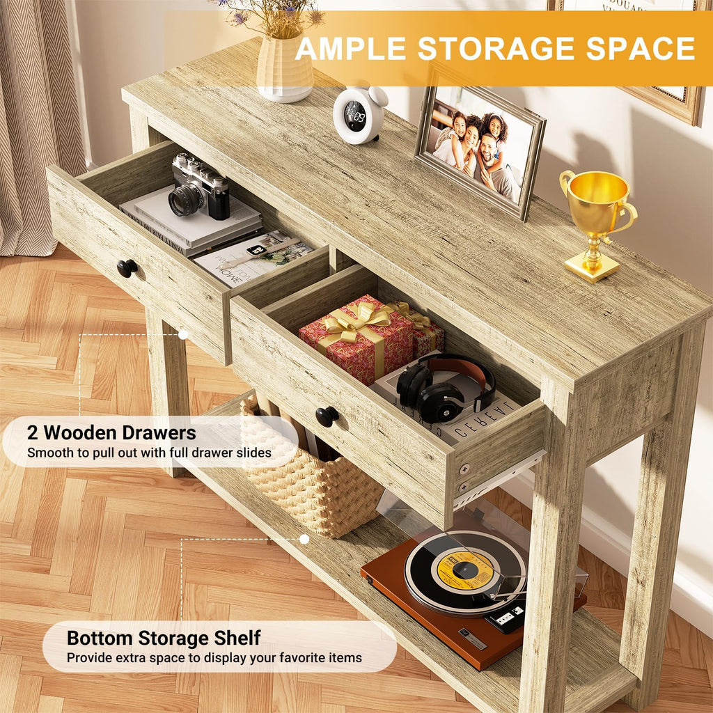 32 Inch Light Rustic Oak Console Table with 2 Drawers M994