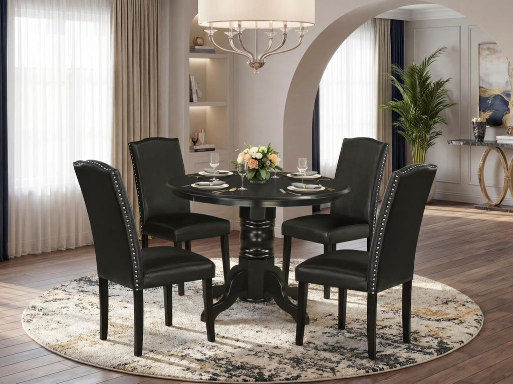 5 Piece Round Dining Table Set with 4 Black Faux Leather Chairs Y272