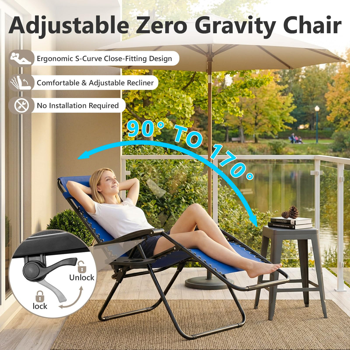 Blue Set of 2 Zero Gravity Lounge Chair with Pillow & Cup Holder C17378