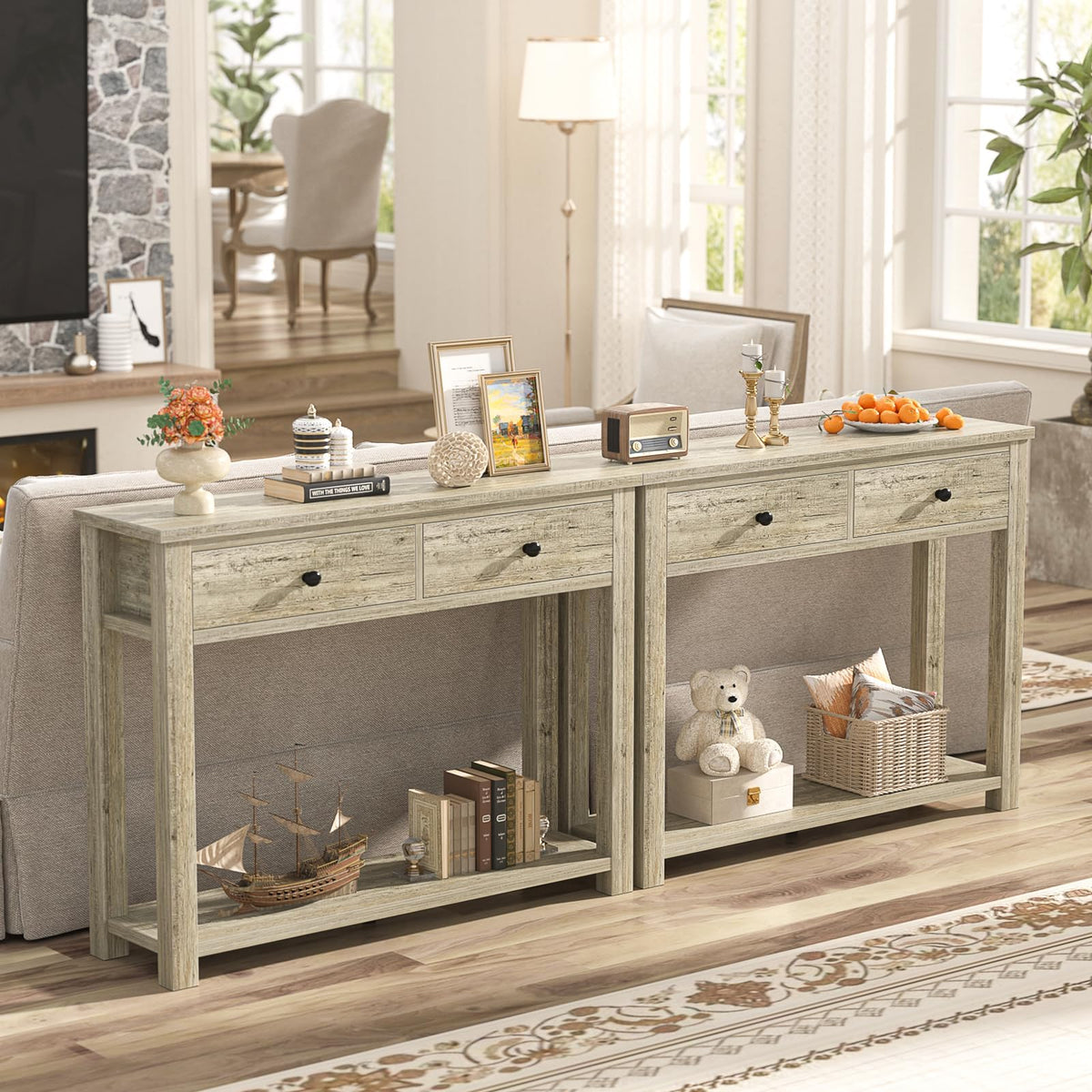 32 Inch Light Rustic Oak Console Table with 2 Drawers M994