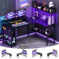 L Shaped Gaming Desk with Power Outlets & LED Lights, Black O592