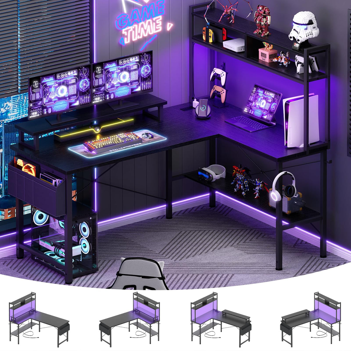 L Shaped Gaming Desk with Power Outlets & LED Lights, Black O592