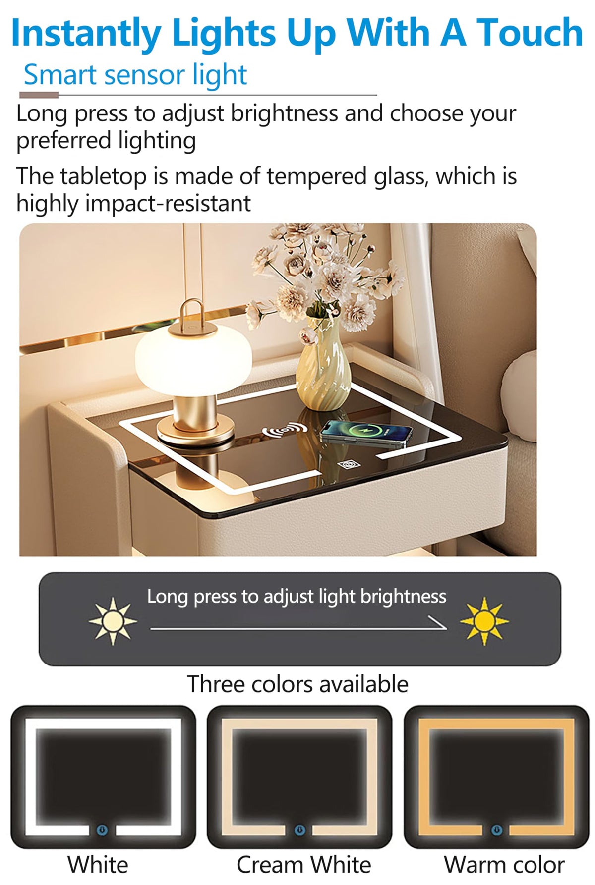 Off White 3 Drawer Wooden Nightstand with Wireless Charging I7684