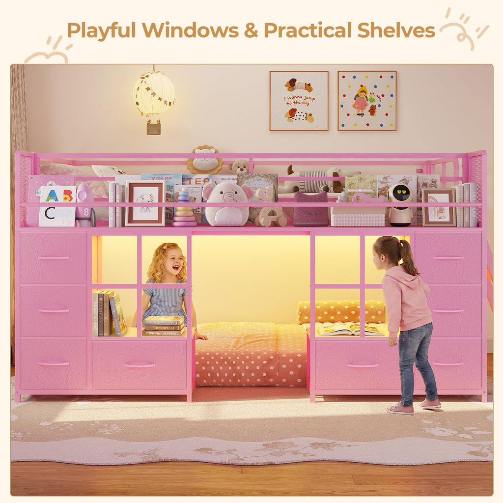 Twin Over Twin Bunk Bed with 8 Drawers & Bookshelf D17288