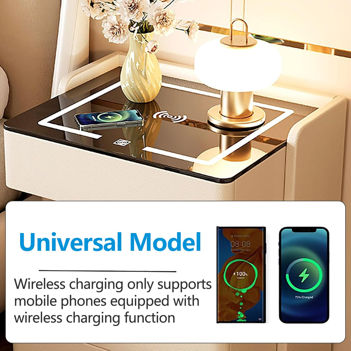 Off White 3 Drawer Wooden Nightstand with Wireless Charging I7684