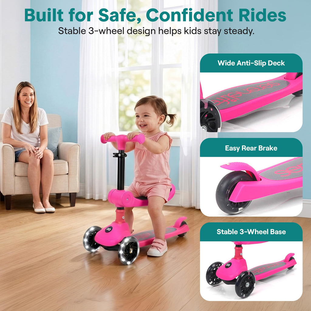 3 Wheel Scooter for Toddlers & Kids, Foldable Seat, LED Wheels, Adjustable Handlebar, Anti-Slip Deck, Rear Foot Brake, Lean-to-Steer, Pink K373819