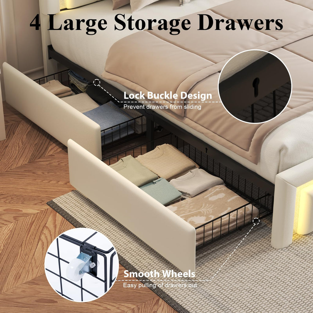 White Upholstered Full Bed Frame with Storage Drawers X3119