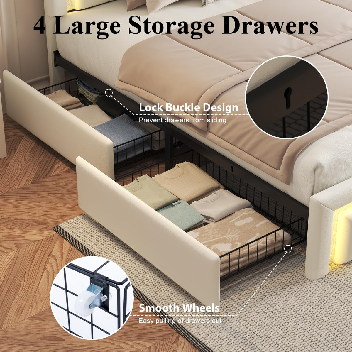 White Upholstered Full Bed Frame with Storage Drawers X3119