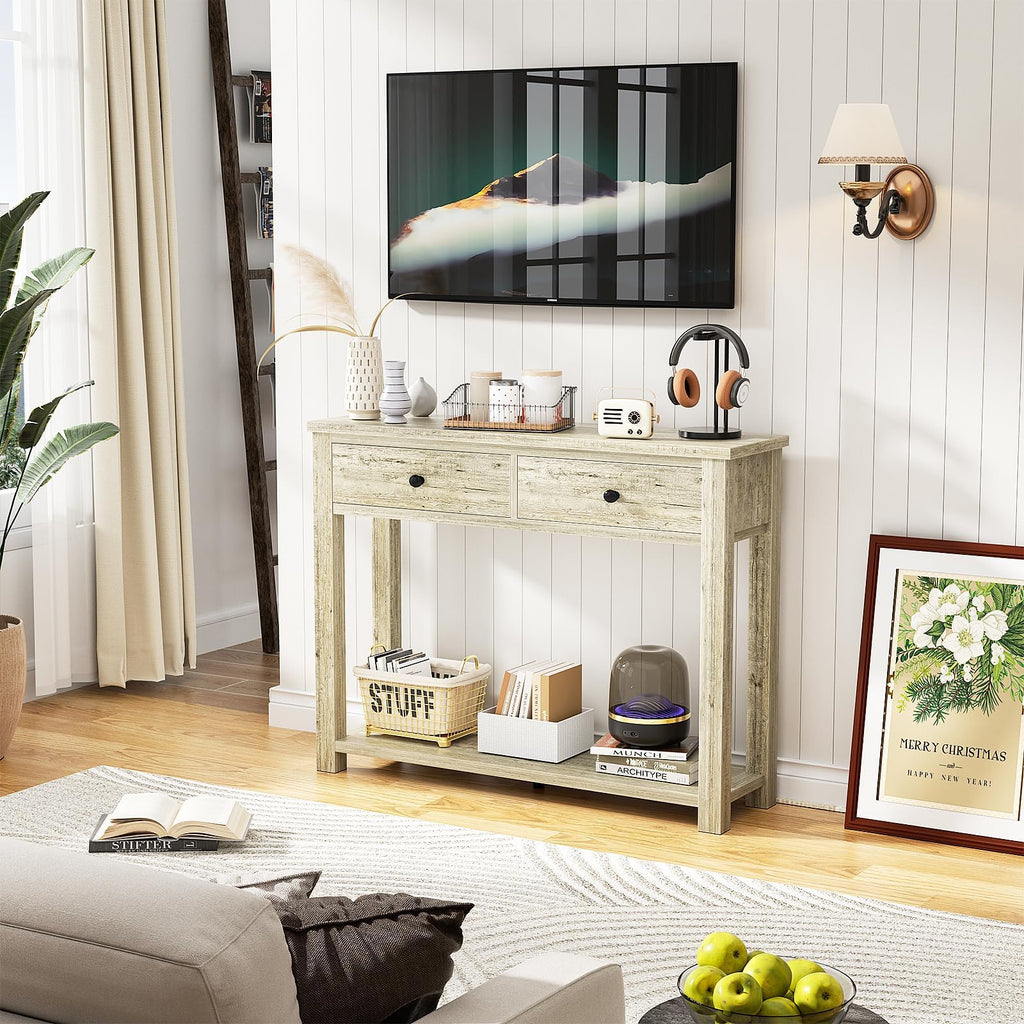32 Inch Light Rustic Oak Console Table with 2 Drawers M994