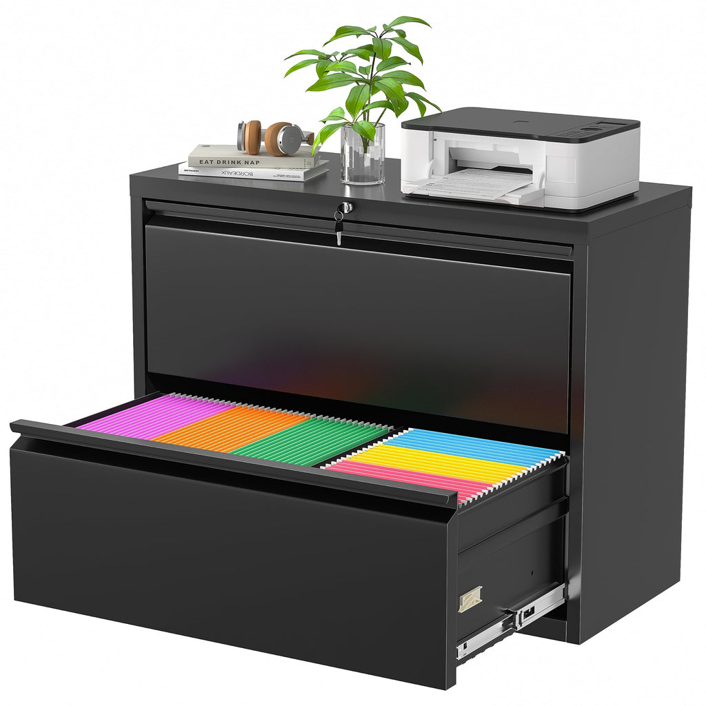 Black 2 Drawer Metal File Cabinet with Lock W71473