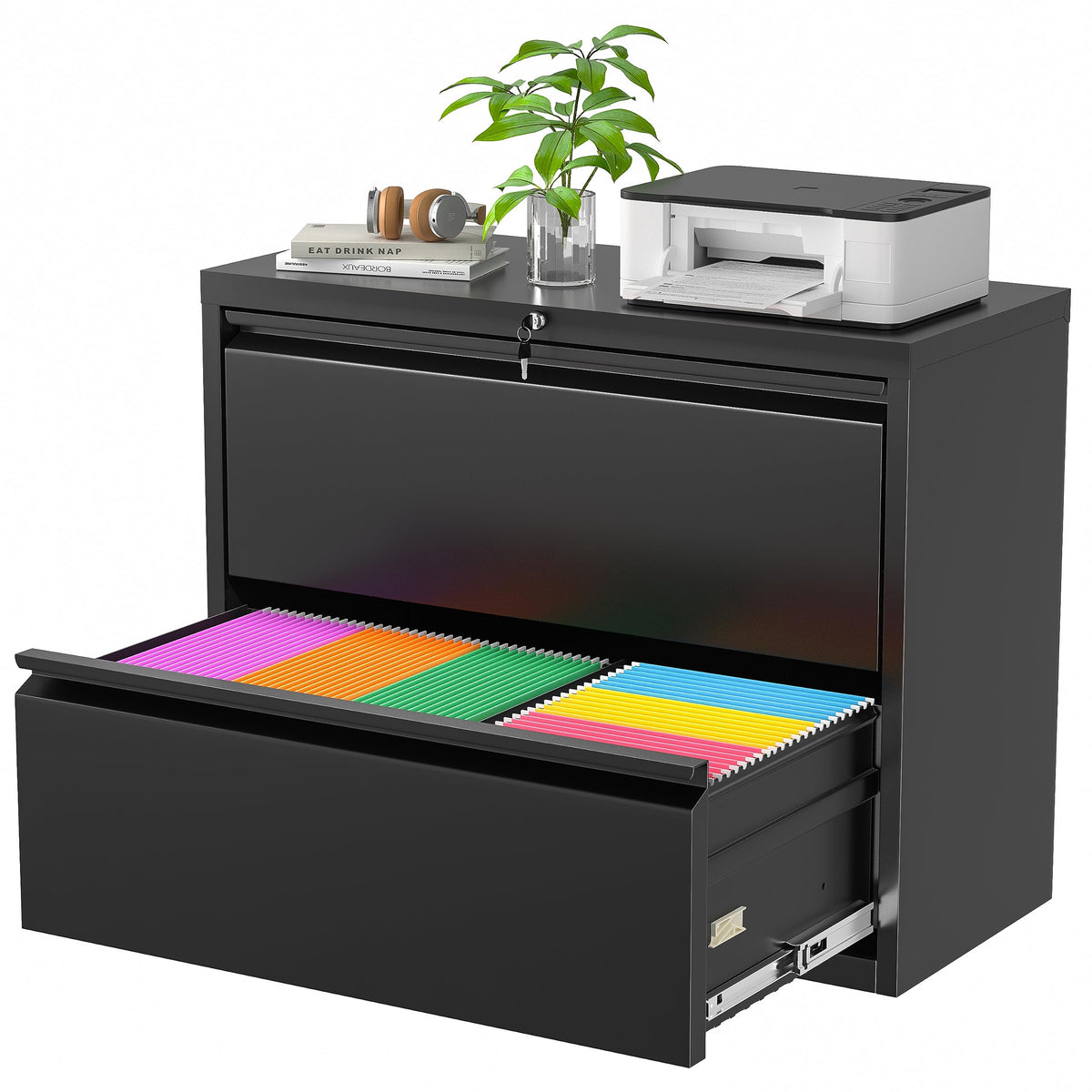 Black 2 Drawer Metal File Cabinet with Lock W71473