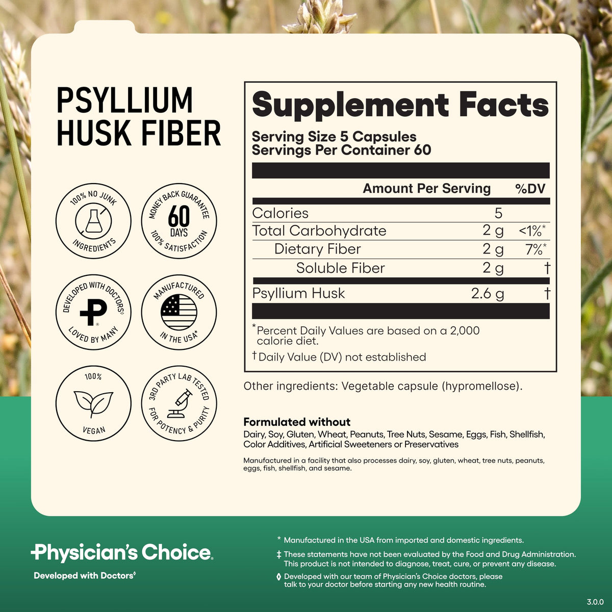 Vegan Psyllium Husk Fiber 300 Capsules V973