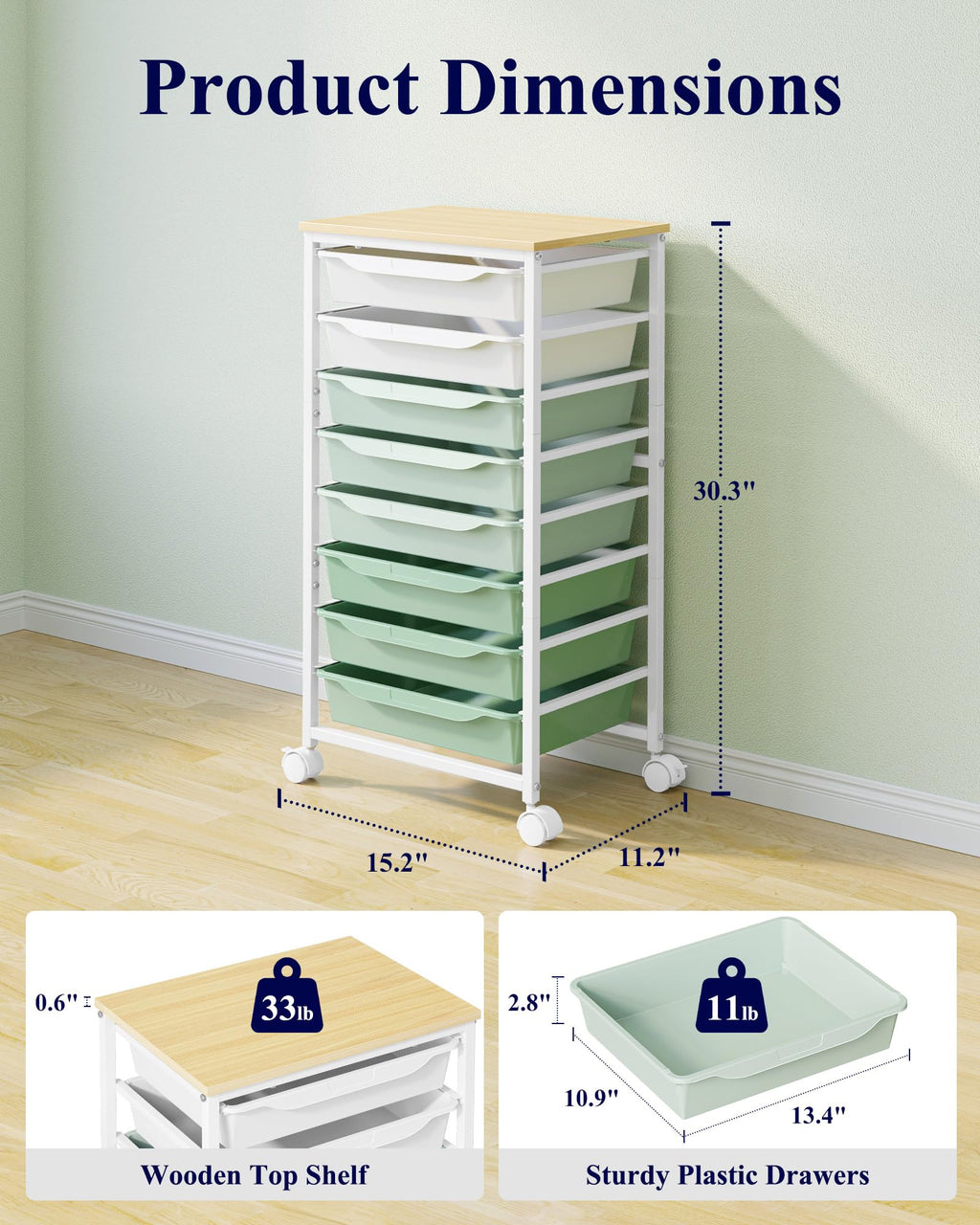Green 8 Drawer Rolling Storage Cart W3204