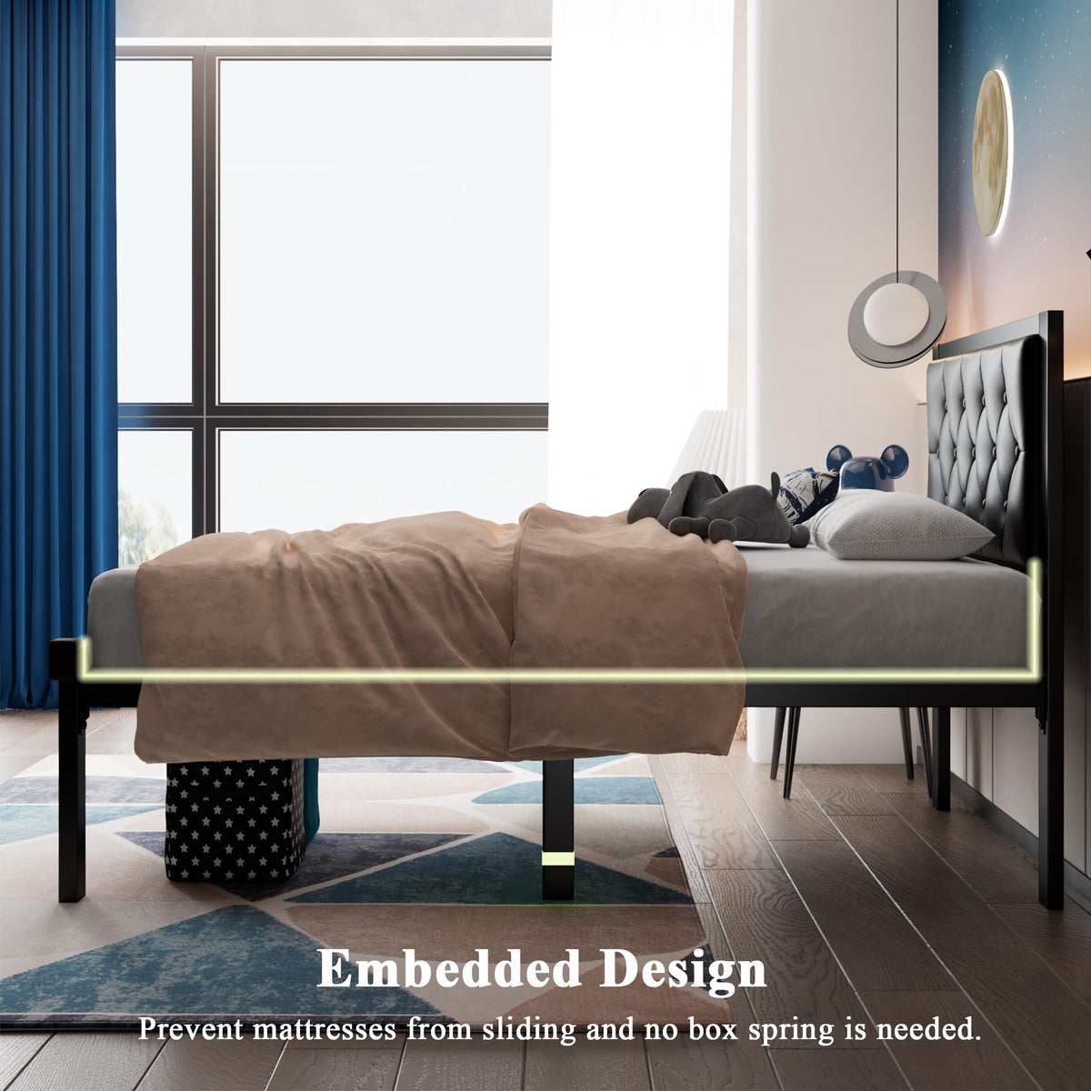 Twin Size Black Metal Platform Bed Frame with Faux Leather Tufted Headboard F1608