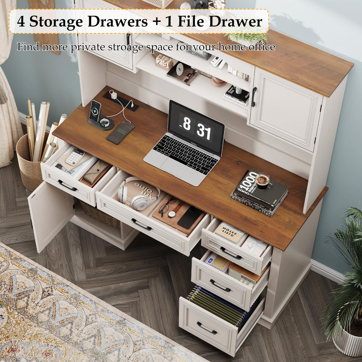 White 5 Drawer Executive Desk N837