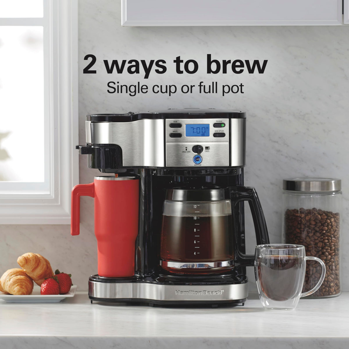 2-Way Coffee Maker, Single-Serve and 12-Cup Pot, Black/Stainless Steel M90680